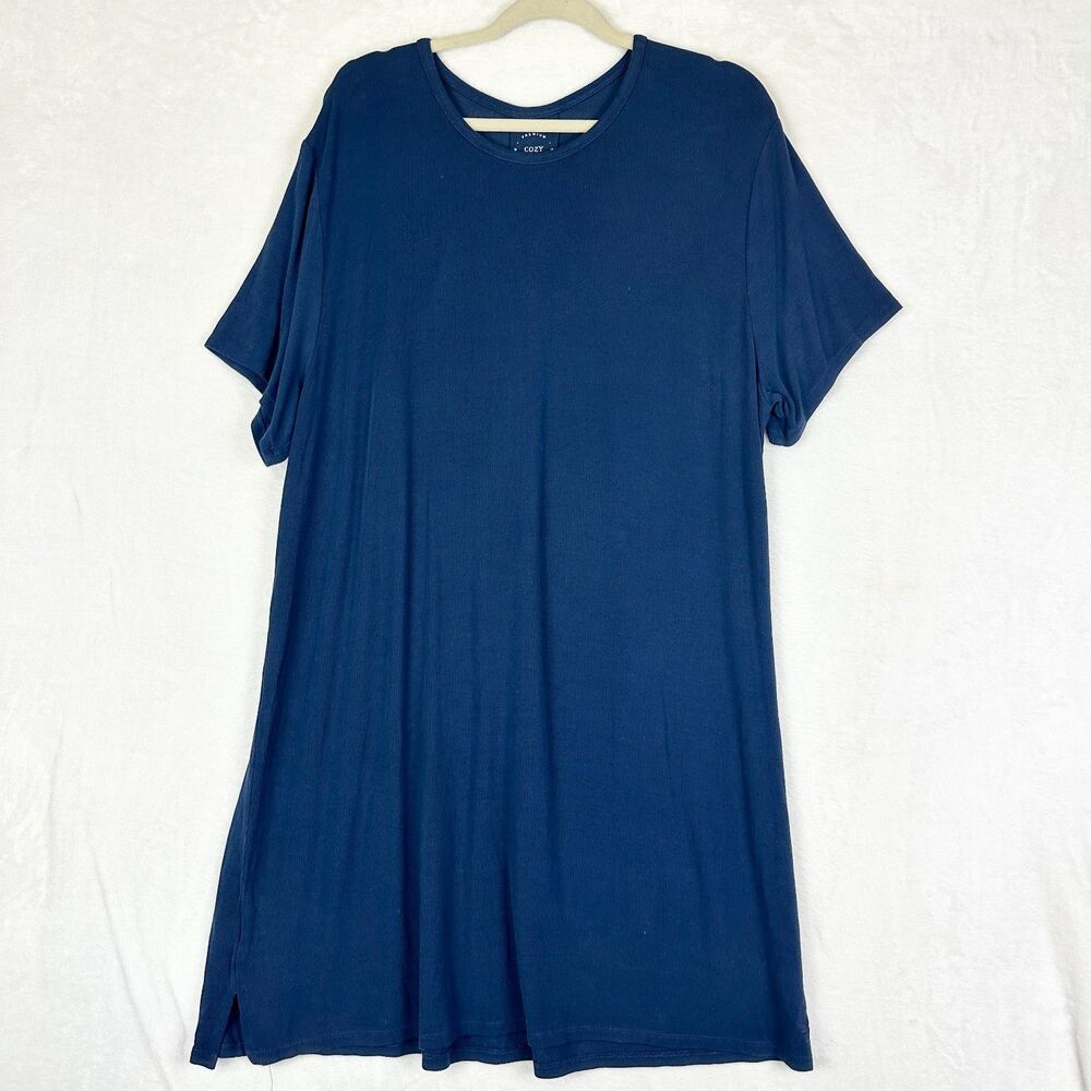 Cozy Earth Bamboo Rib Knit Boyfriend Sleep Dress Size Large Navy Blue